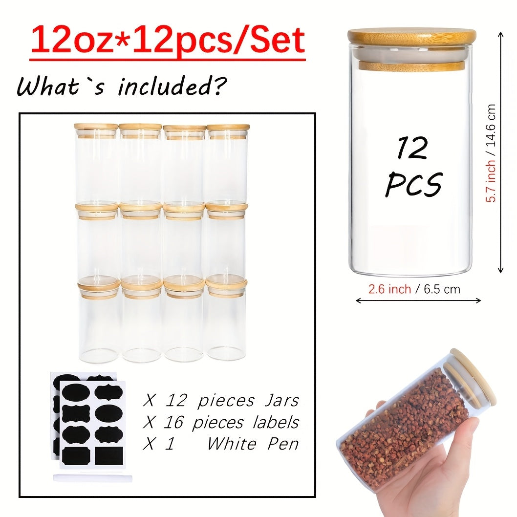 TEMU 12oz Set Of 12 Empty Clear Spice Jars With Airtight Bamboo Lid, Small Spice Salt Sugar Storage Containers With Blank Stickers For Seasoning