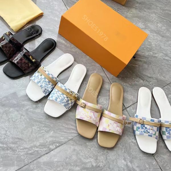 Designer Slippers Sandals Womens Shoes Classic Buckle Novelty Gingham Print Slides Genuine Leather Moccasins Scuffs 35-42 Flat heel Slipper