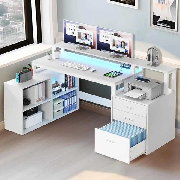 Other Furniture 65 L Shaped Desk with Power Outlets and Monitor Stand Computer Desk with LED Light File Cabinet Corner Desk with 3 Drawers Q