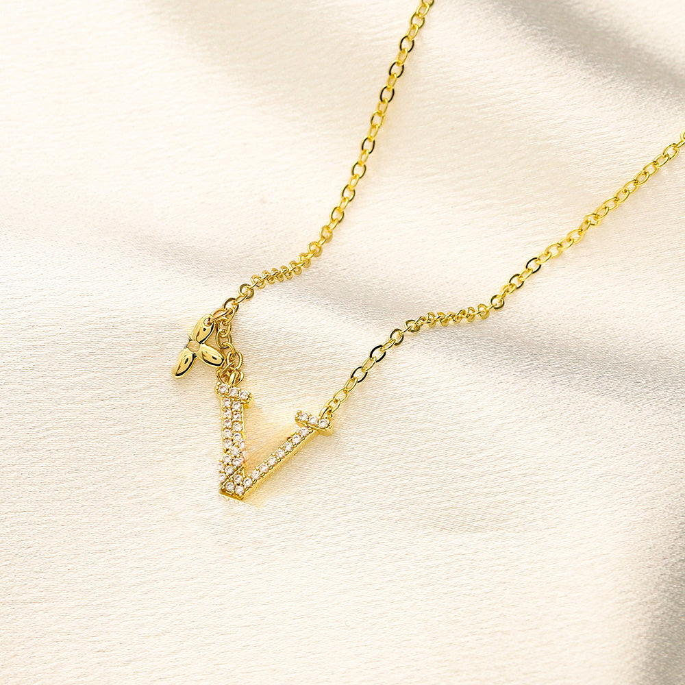 Womens Design Brand Necklace 18K Gold Plated Crystal Stainless Steel Luxury Choker Chain Letter Pendant Wedding Jewelry