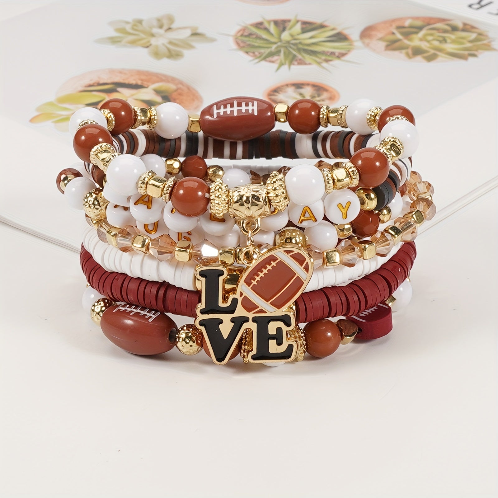 TEMU 7pcs Bohemian Sports Style Bead Bracelet Set, Heart And Football Pendant, Clay Beads, Letters, Game Day, Party, All Season Jewelry Fashion