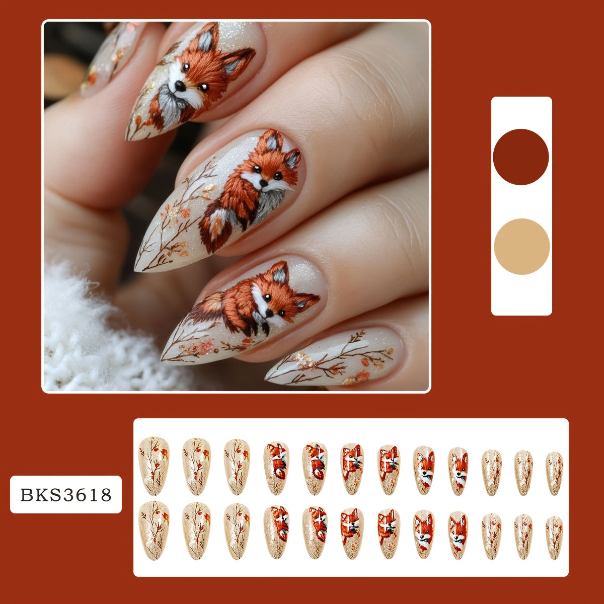 TEMU 24pcs & Almond Nail Tips With Gel Polish - Press On Nails With 3d Fox , Almond-shaped Medium Length Glossy Acrylic Nail Extensions For Women,