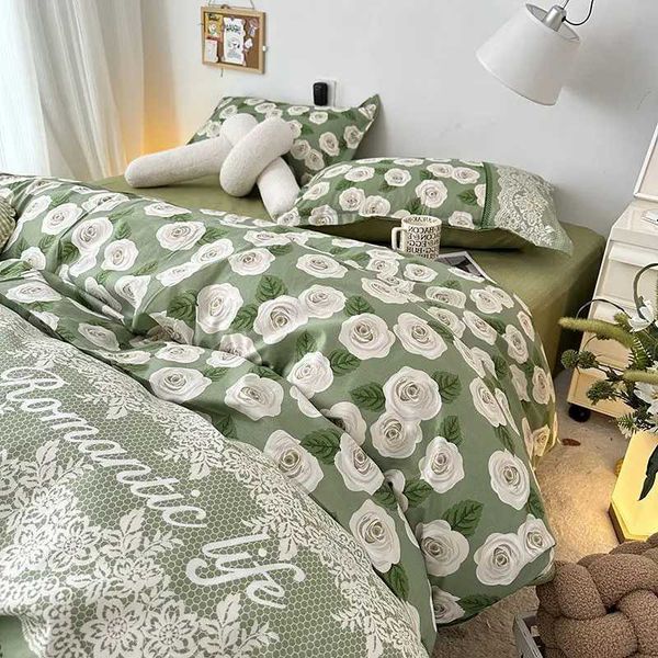 Ins Floral Bedding Set with Duvet Cover No Filler Green Cream case Flat Sheet Kid Adult Single Double Size BedSpread Y250122