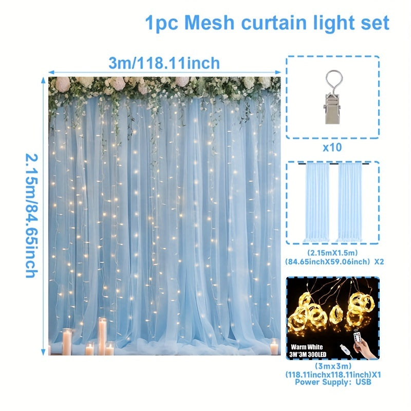 TEMU Set, 9.84ft X 7.05ft Sky Blue Sheer Backdrop Curtains With Lights For Baby Shower, Wedding, Bridal Shower, Happy Birthday Party Decor, Bachelor