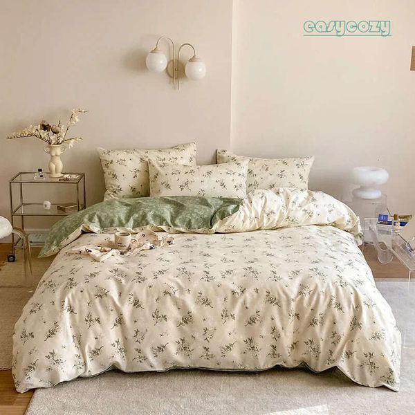150-180-200CM Green Tea Floral Print Cotton Bed Sheet Duvet Cover Pillowcase Four-piece Spring Summer Autumn Bedding Set 397