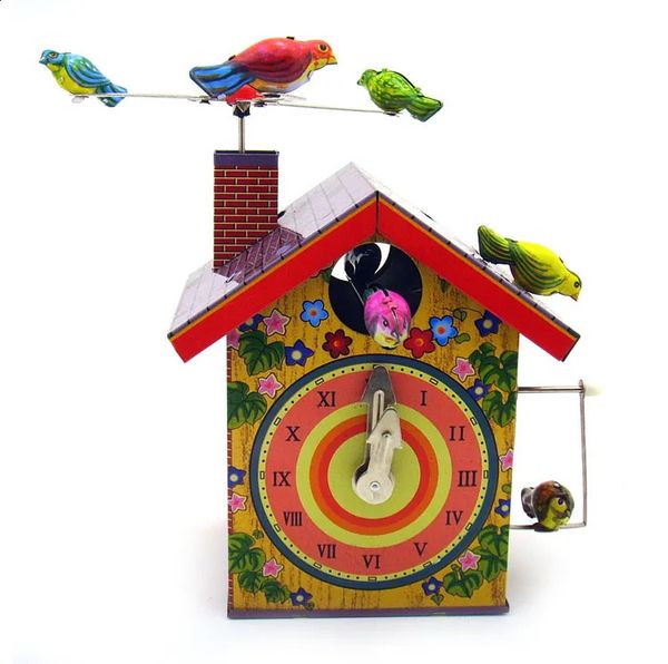 Adult Collection Retro Wind up toy Metal Tin rotating bird alarm clock bird house Clockwork toy model figures gift vintage toys 240904