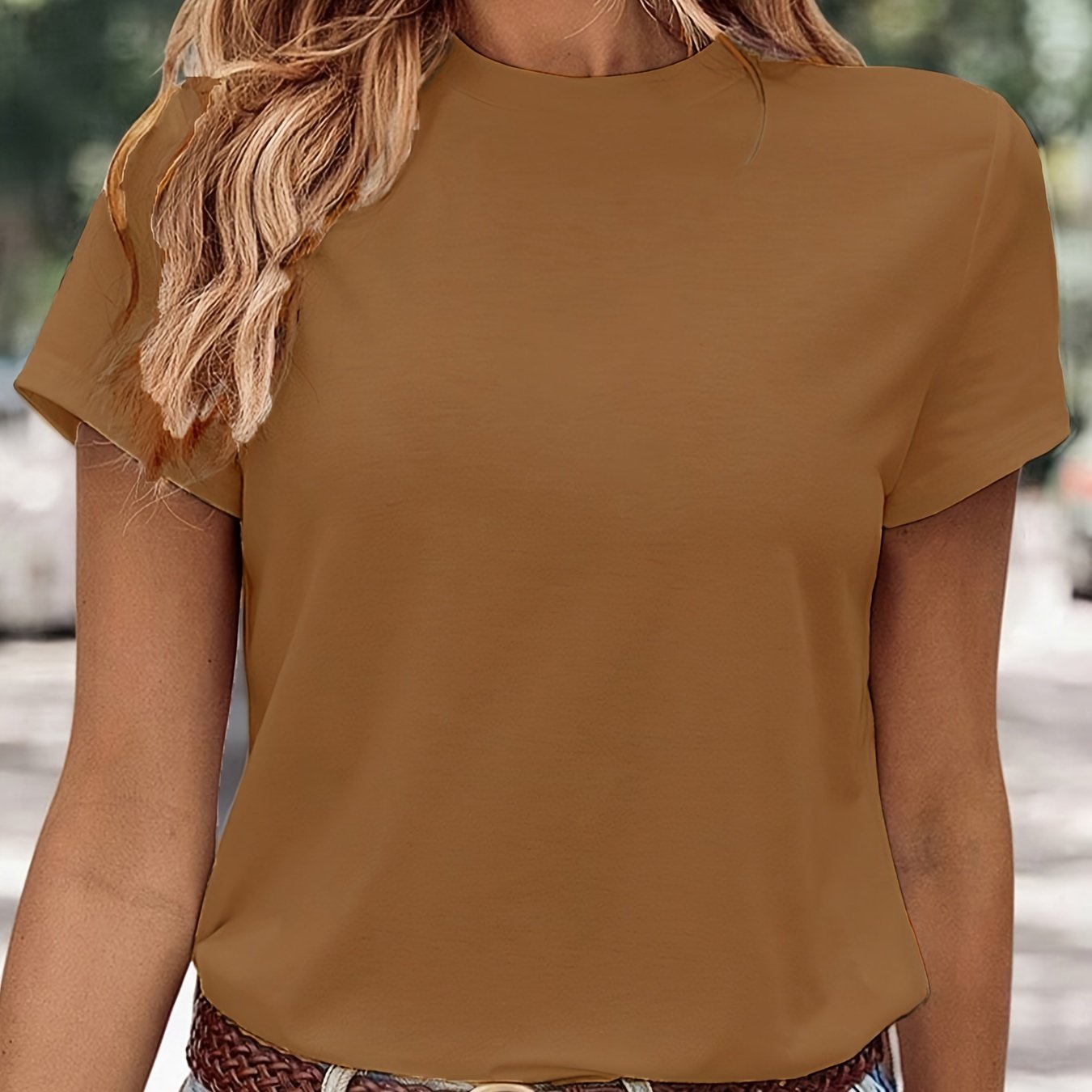 TEMU Solid Color T-shirt, Round Neck Short Sleeves Pullover Sports Tee, Women's Comfy Tops