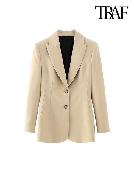 Women&#039;s Suits Blazers TRAF Women Fashion With Seam Detail Blazer Coat Vintage Long Sleeve Front Button Female Outerwear Chic Vestes Fem