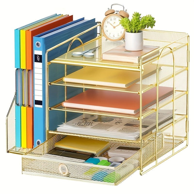 TEMU 5-tier Paper Letter Tray Organizer With File Holder, Desk Organizer With Drawer, Mesh Desktop Storage With Magazine Holder For Office Supplies