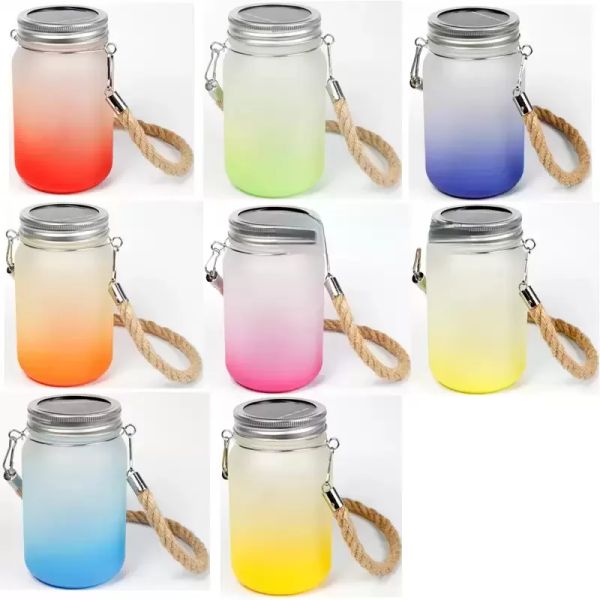 Sublimation Blanks Mugs 15oz Mason Glass Cup Tumbler Gradient Frosted Glass Jar Beverage Drinking Cups Beer Mug Hemp Rope Handle