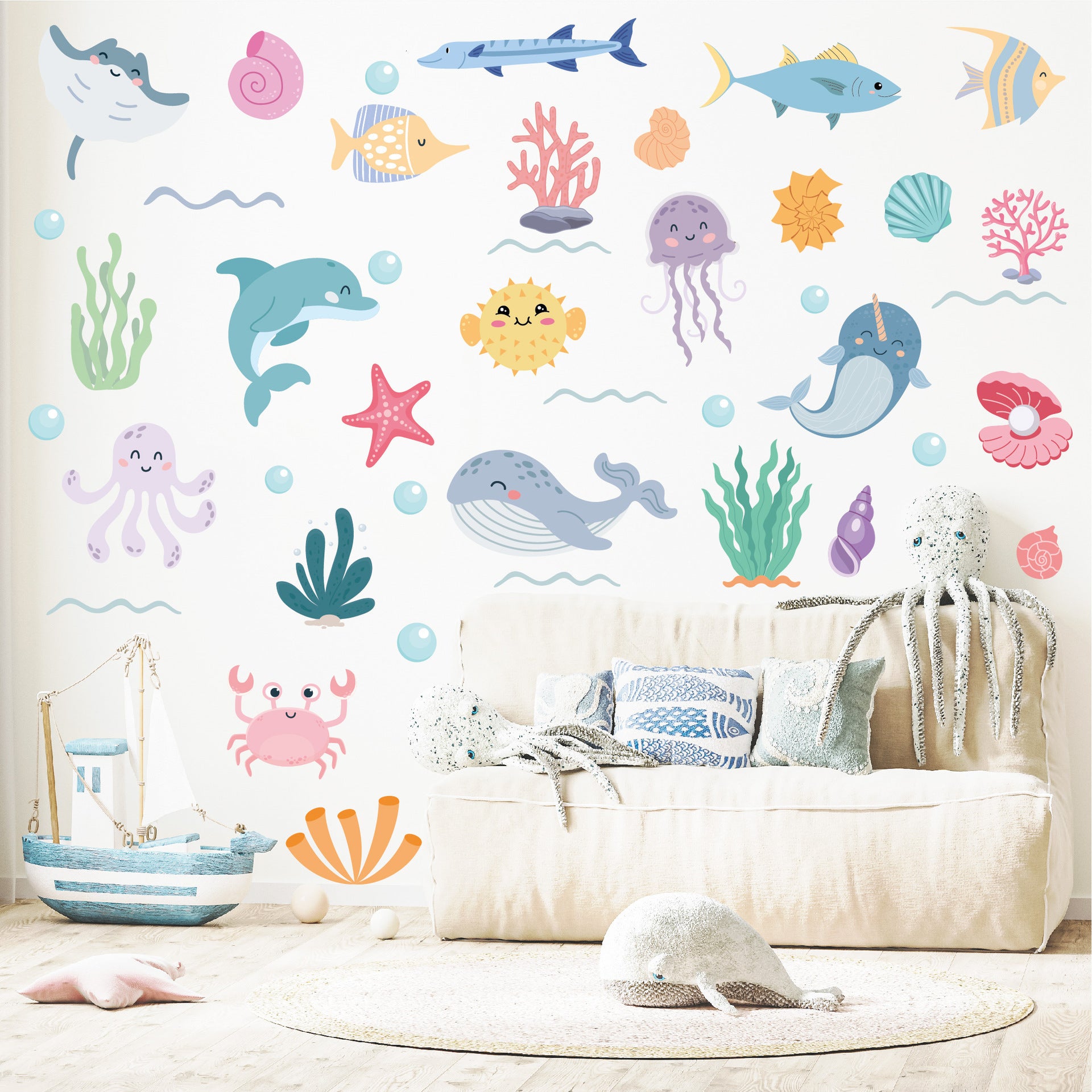 Marine animal wall stickers for home decoration childrens rooms kindergartens self-adhesive cartoon underwater creatures Decals Wholesale Wallpaper
