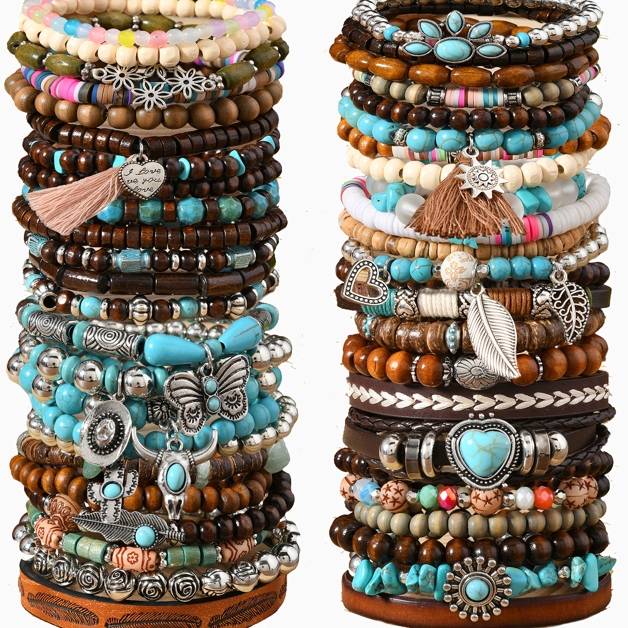 TEMU 48pcs Vintage Wooden Beads & Turquoise Stone Bracelet Bulk, Including , Heart, Leaves, Hat, Daisies, Pendant For Men, Fashionable Retro Style
