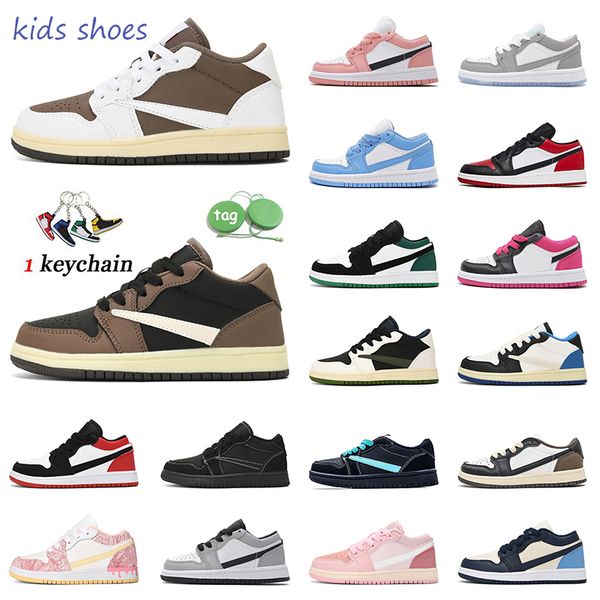 designer kids basketball 1s low shoes boy girl trainers Reverse Mocha Digital Pink Wolf Grey UNC Olive Black Phantom jumpers children youth