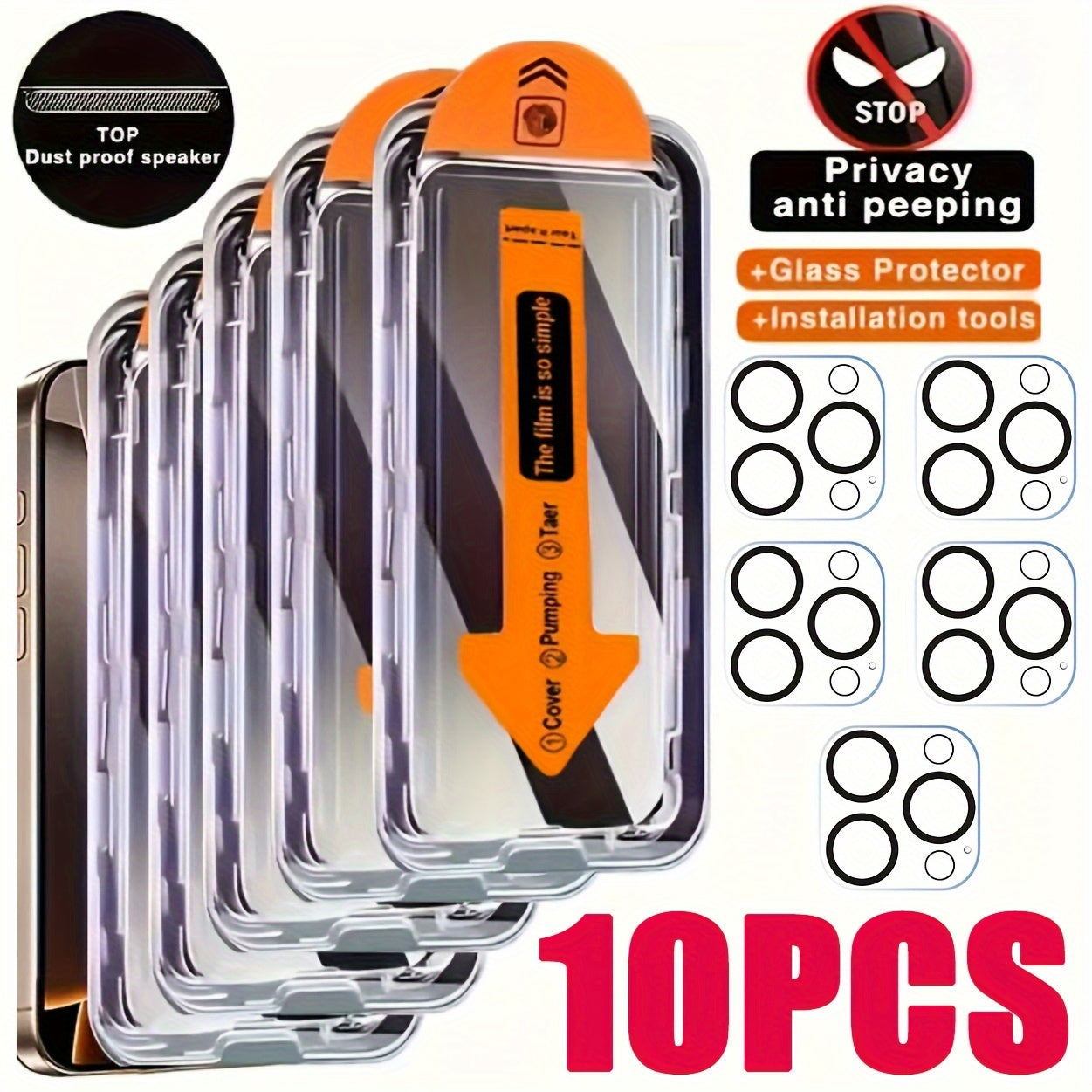 TEMU 10-in-1 Set (5pcs 9h Hardness Glass Privacy Screen Protector + 5pcs Full Coverage Lens Protector) For Iphone 16 Pro Max, Anti-scratch,