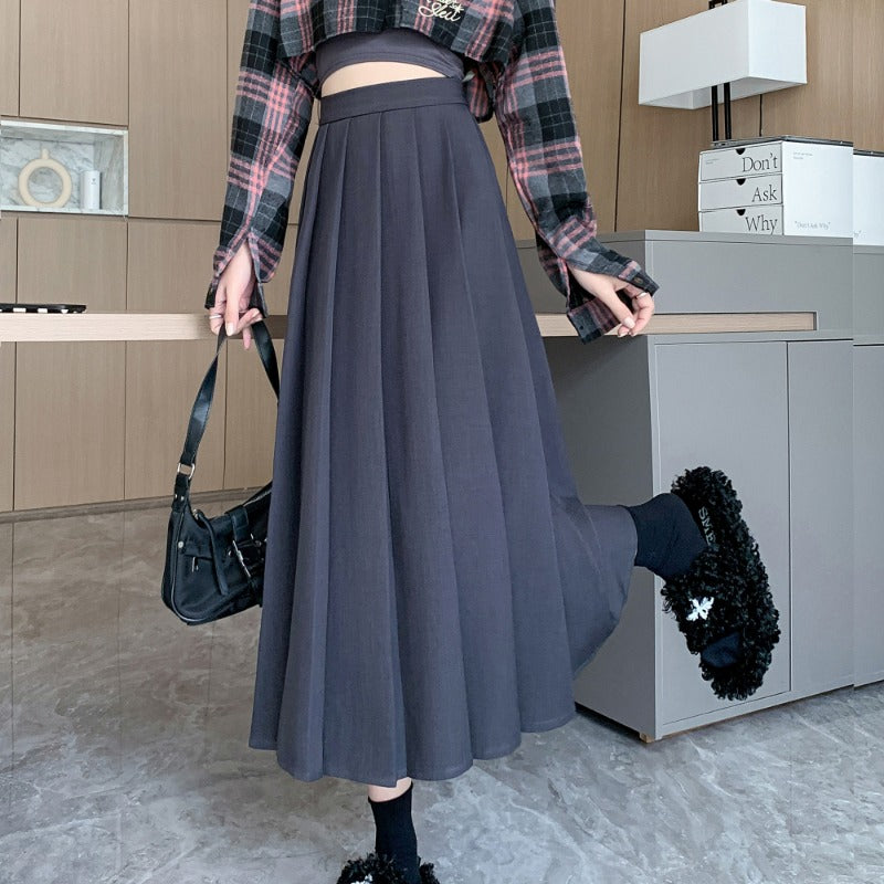 2025 autumn dress highend gray pleated skirt suit skirt large swing skirt elastic waist versatile skirt