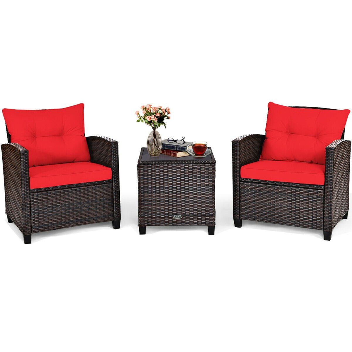 3-Piece Rattan Patio Furniture Set with Large Cushions - Furniture Set 3PCS-Red