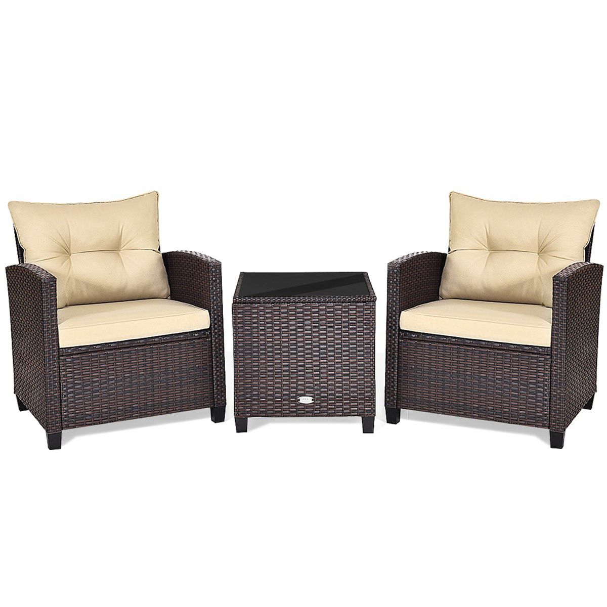 3-Piece Rattan Patio Furniture Set with Large Cushions - Furniture Set 3PCS-Beige