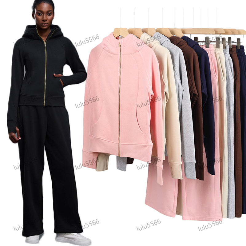 Yoga scuba full zip hoodie sweatshirt set gym clothing women loose jacket flare pants suit Slim fit jacket sportswear Outdoor Sports Jogging Hoody T