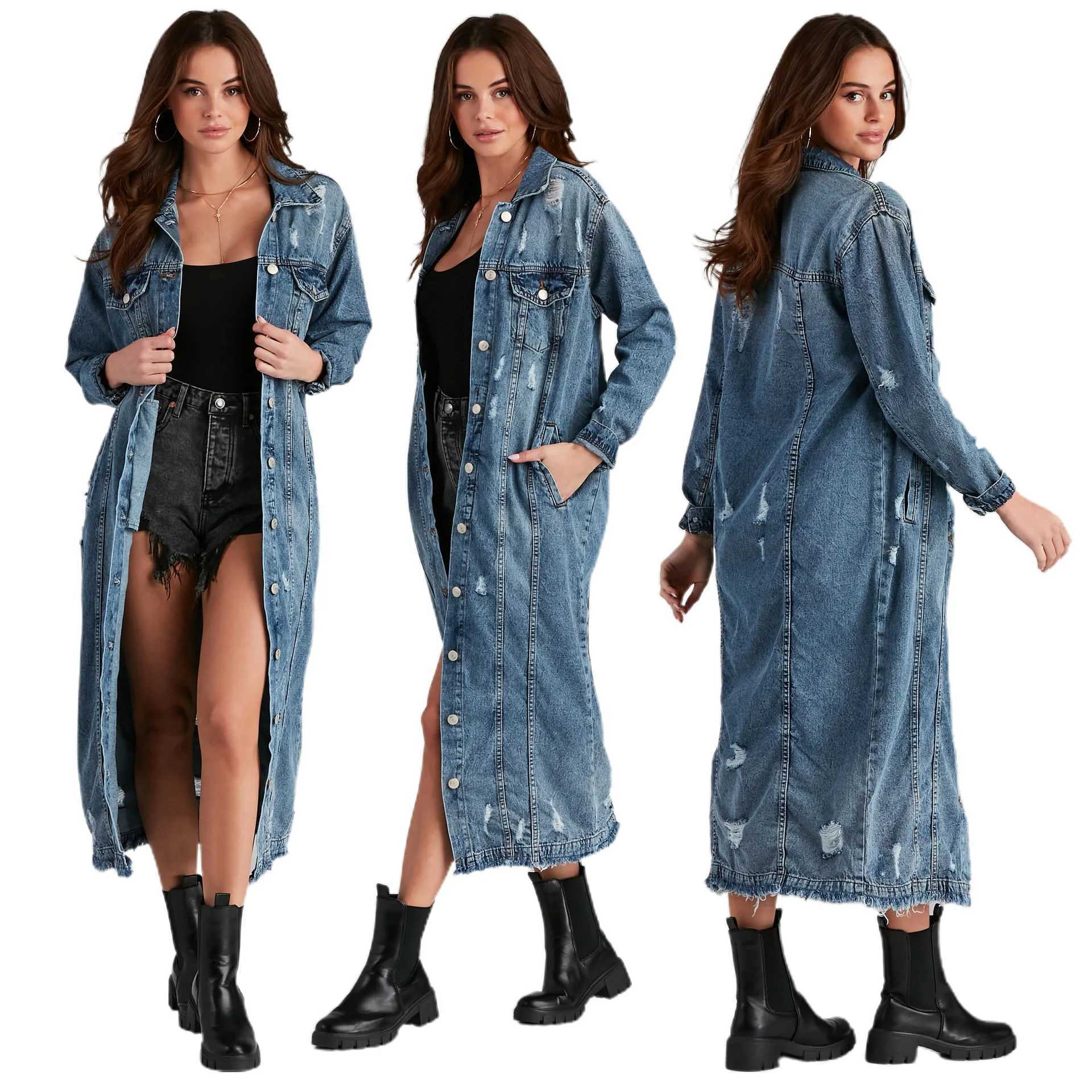 Trench Denim Jackets Single Button Coat Long Sleeve Turn Down Collar Loose Fit Button Solid Washed Distressed Casual PocketsX240921