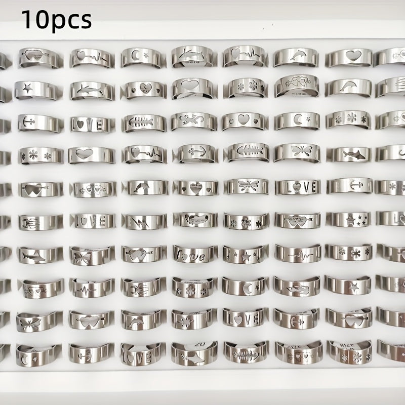 TEMU 10pcs Stainless Steel Hollow Rings For - Star, Moon, Heart, Charms - Charm Jewelry For Casual Attire, Parties, Gifts (valentine's Day, , Spring