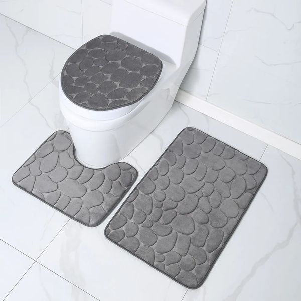 Toilet Seat Cover 3Pcs Set Bath Mat Shower Room Floor Rug Home Bathroom AntiSlip Absorbent Doormat Pebbles Bathtub Decor Carpet 240603