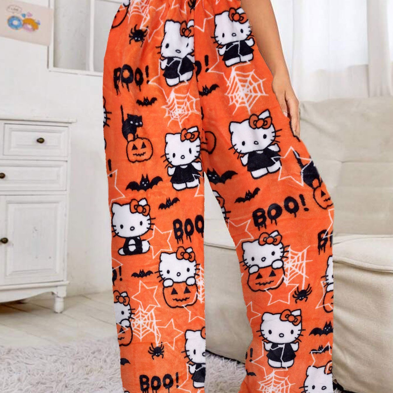 TEMU Hello Kitty Y2k Kawaii Anime Women's Flannel Pajama Pants - Halloween Cartoon Print (bats, Pumpkins, Spiders) Orange Cozy Warm Sleepwear, Casual