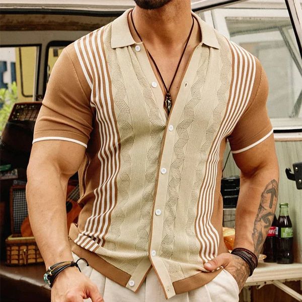 Summer Casual Slim Knitted Ice Silk Shirt Men Fashion Patchwork Striped Knit Shirts Vintage Buttoned Lapel Mens Knitting 250208