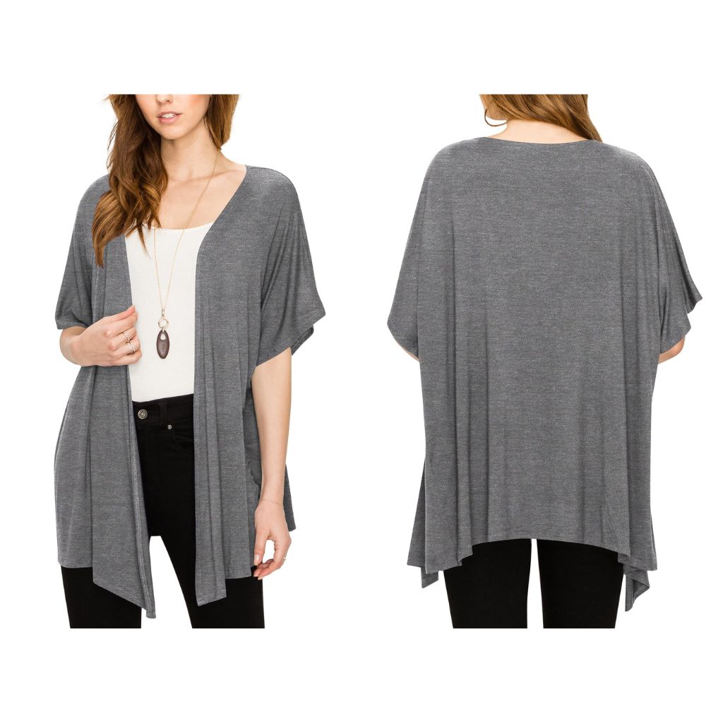 Women's Short Sleeve Open-Front Loose Kimono-Style Cardigan - Large - Dark Grey