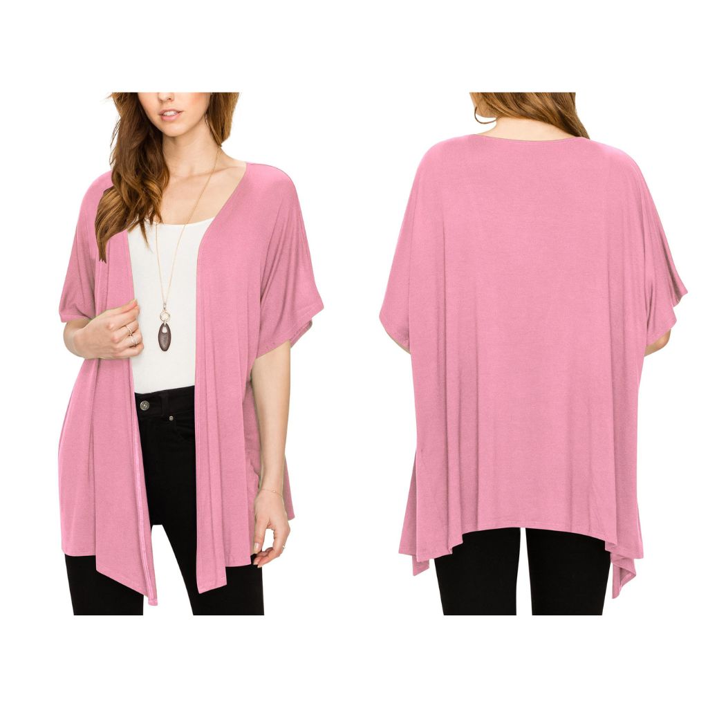 Women's Short Sleeve Open-Front Loose Kimono-Style Cardigan - X-Large - Pink