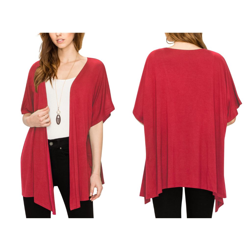 Women's Short Sleeve Open-Front Loose Kimono-Style Cardigan - Small - Red