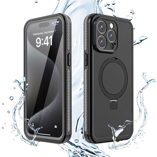 Magnetic Waterproof Armor Phone Case for iPhone 15 Pro Max 5G Outdoor Sports Heavy Duty Full Protective Kickstand Snowproof Shell Supporting