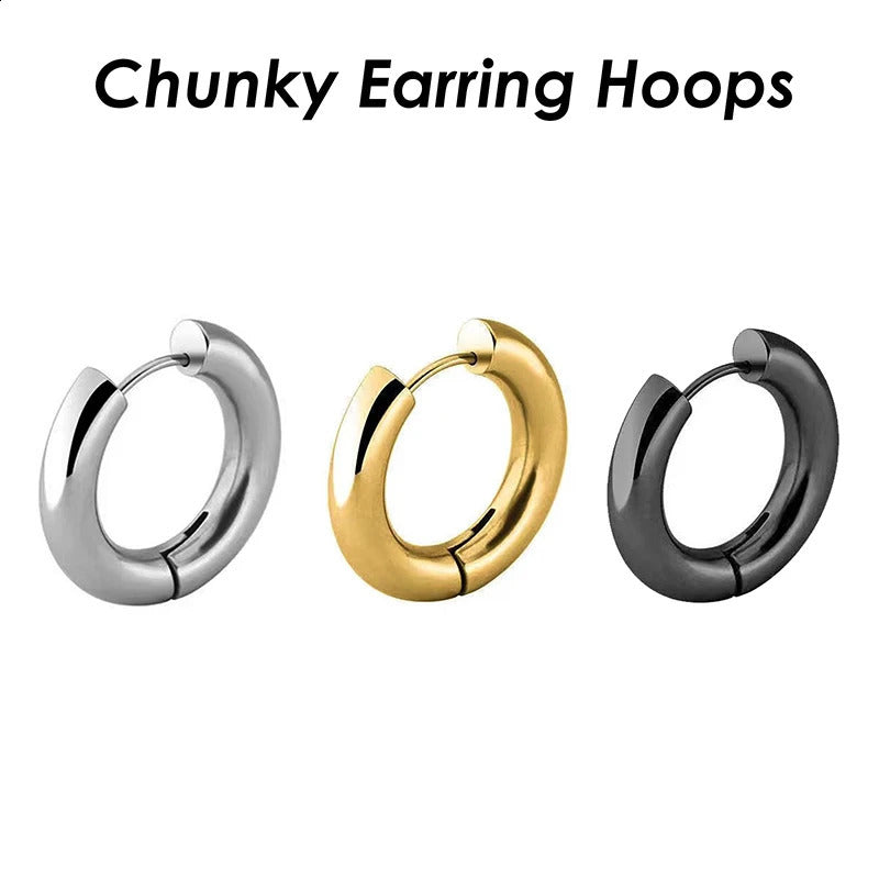 20 Pieces x Chunky Earring Hoops 5mm Thick Stainless Steel Hoop Earring Gold Color Black Huggie Earrings For Women or Men 241203