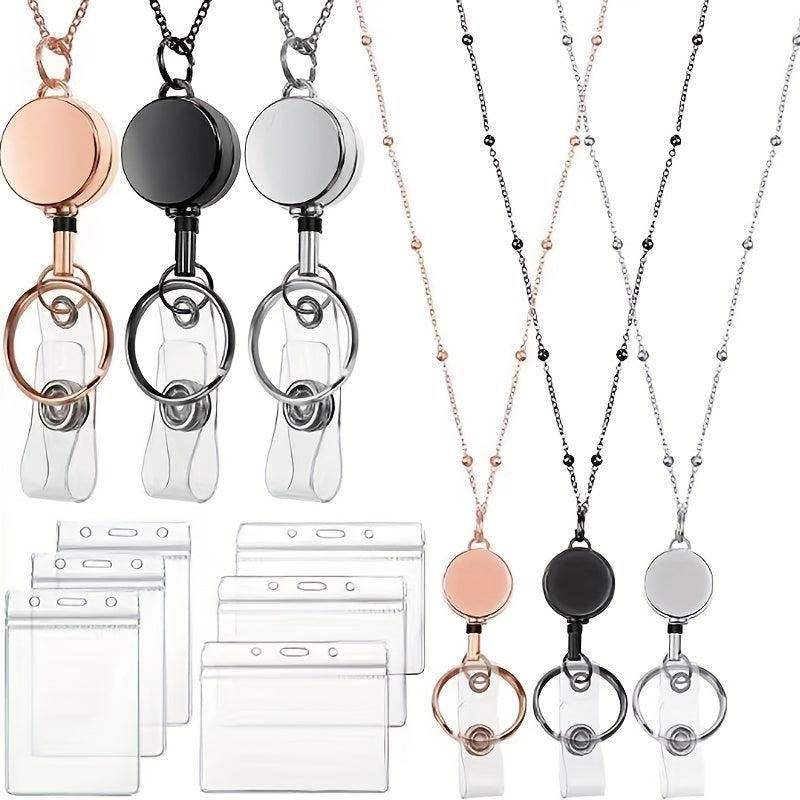 TEMU 3pcs Set Badge Lanyards For Women - Retractable Id Card Holders With 2pcs Id Card Holders, Metal Necklace For Nurses, Office Workers, And