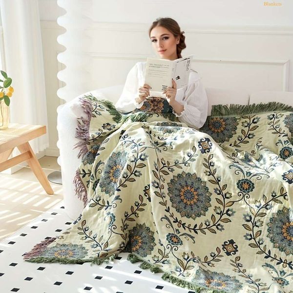 Multi-layer Cotton 1pc Gauze Throw with Tassel Flower Leaf Pattern Sofa Air Conditioning Blanket Summer Cooling Quilt Towel Double-sided Ava
