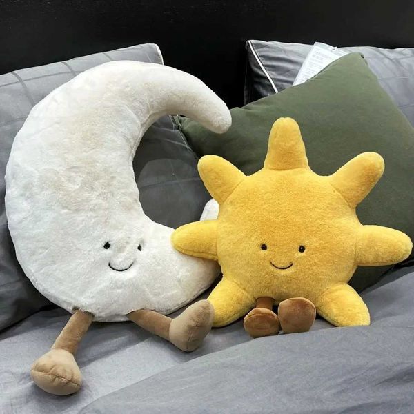 Adorable Smile Face White Moon Yellow Sun Plushie Stuffed Cute Cartoon Weather Plush Toy for Kid Bedroom Decor Sofa Throw Pillow Y240817
