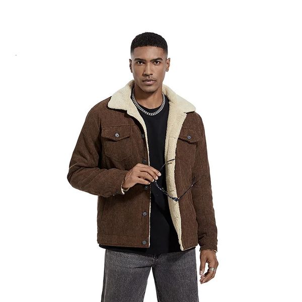 Fleece Jacket Men Autumn Lapel Corduroy Jackets Male Fur Collar Winter Casual Mens Outwear Thermal Cotton Clothing 240711