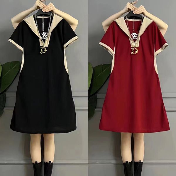 Designer plus-size navy collar dress summer midlength dress Simple temperament literary personality street patchwork letter print shift dres
