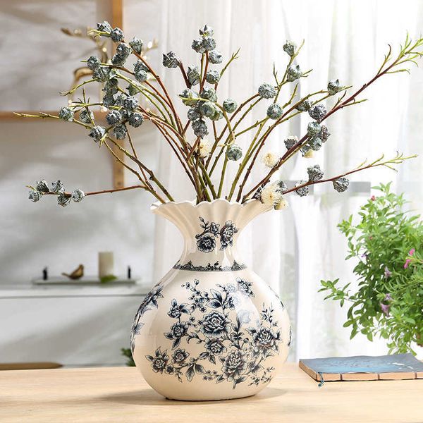 Vases Happy eyebrow ceramic vase blue and white porcelain vase room decoration living arrangement flower porcelain American ornaments P23050