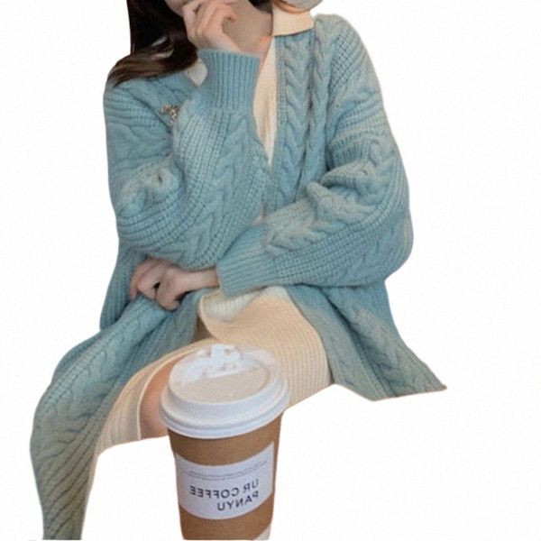 women Mid-Length Knitted Cardigan Coat Solid Rib Outerwear Warm Sweater Coat Fall Winter Casual Loose Thickened Lg Sleeve Coat 98bE#