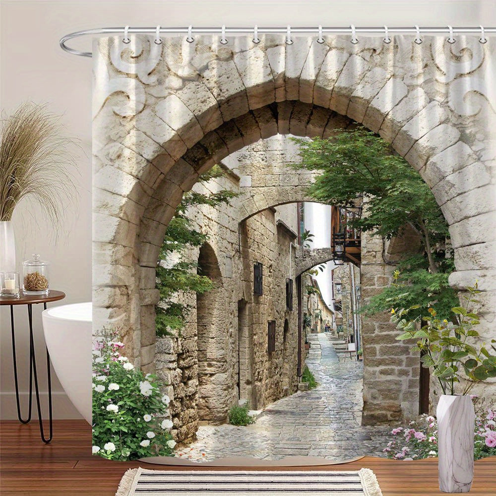 TEMU European Cobblestone Shower Curtain - Pathway With & Arches, Polyester Fabric Bathroom Decor, 70x70 Inch, Includes 12 Hooks, Machine Washable,