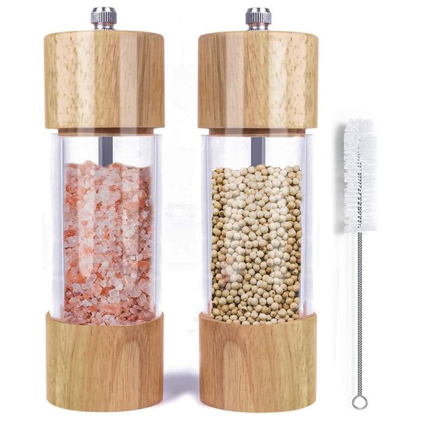 Wooden Salt and Pepper Grinder Set Manual Salt and Pepper Mills with Acrylic Visible Window and Cleaning Brush 2 Pack 250211