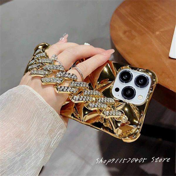 Phone case Luxury Korean Plating Rhbus Glitter Rhinestone Crystal Bracelet Chain Phone Case for iPhone 16 15 14 13 12 11 Pro Max Cover Z2411