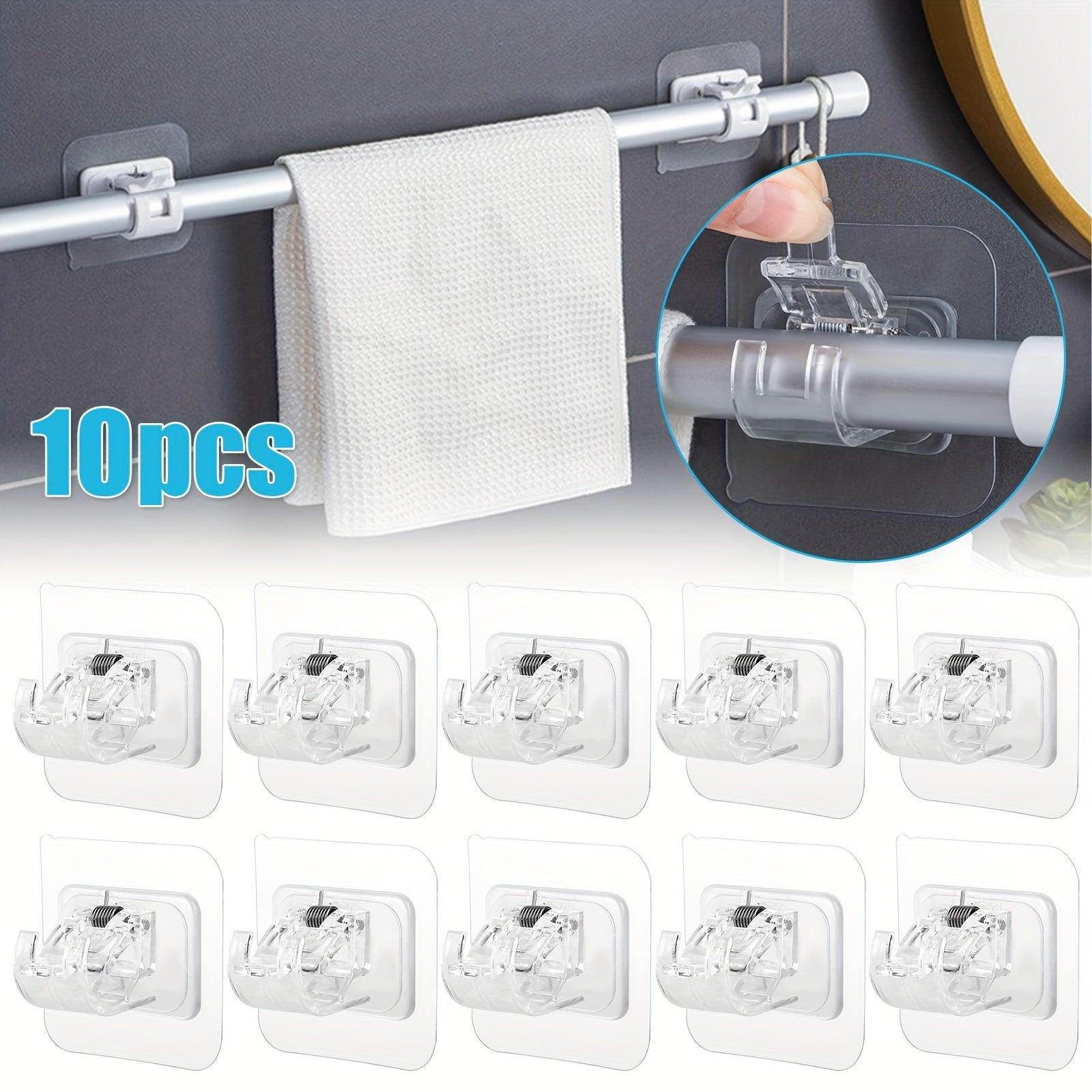 TEMU 10pcs Curtain Rod Hook, Self Adhesive Curtain Rod Holder Hooks, Transparent For Bathroom Kitchen Home Bathroom Hotel