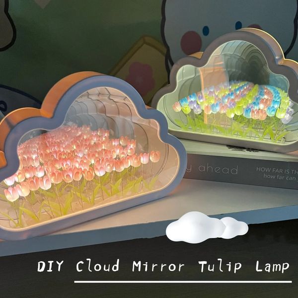 DIY Cloud Mirror Tulip Lamp Simulation Flower Bedroom Sleeping Table Lamp Handmade Craft Tulips Mirror Night Light Birthday Gift 240813
