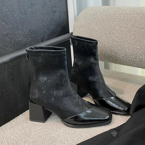 High Heels Thick Heels Back Zipper Square Toe Splicing Short Boots.