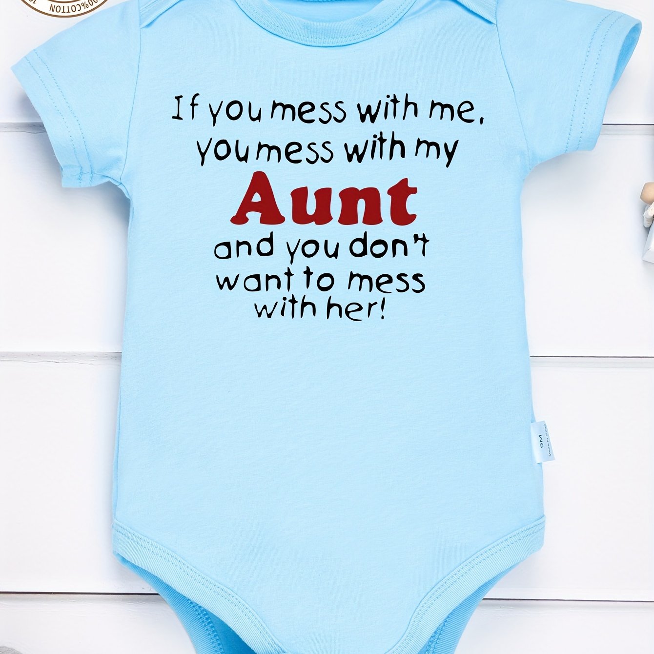 TEMU Baby 's 100% Cotton Onesie - Funny " Mess With Me You Mess With My Aunt" Sibling Outfit, Short Sleeve Romper With Aunt-themed Saying, Machine