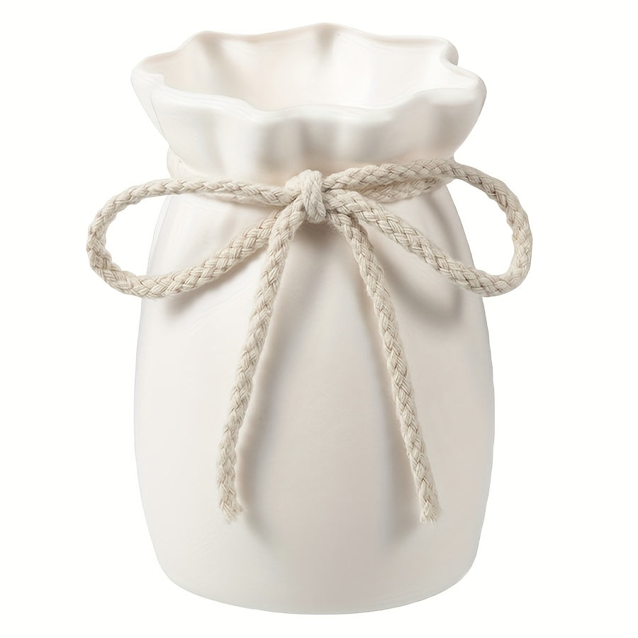 TEMU 1pc, Modern Minimalist White Plastic Vase With Hemp Rope Bow – Cylinder Design For Flowers, Water Storage, And – Perfect For Living Room Or