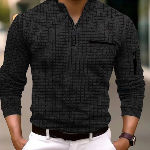Spring Autumn Mens Polo Polo Shirt Polo Solid Plaid Arm Zipper Moda Sports Breathable Sports Polo para homens Tees Streetwear 250110