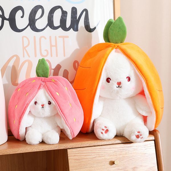 Plush Dolls Kawaii Fruit Transfigured Bunny Toy Cute Carrot Strawberry Turn Into Rabbit Kids Birthday Christmas Gift 230329