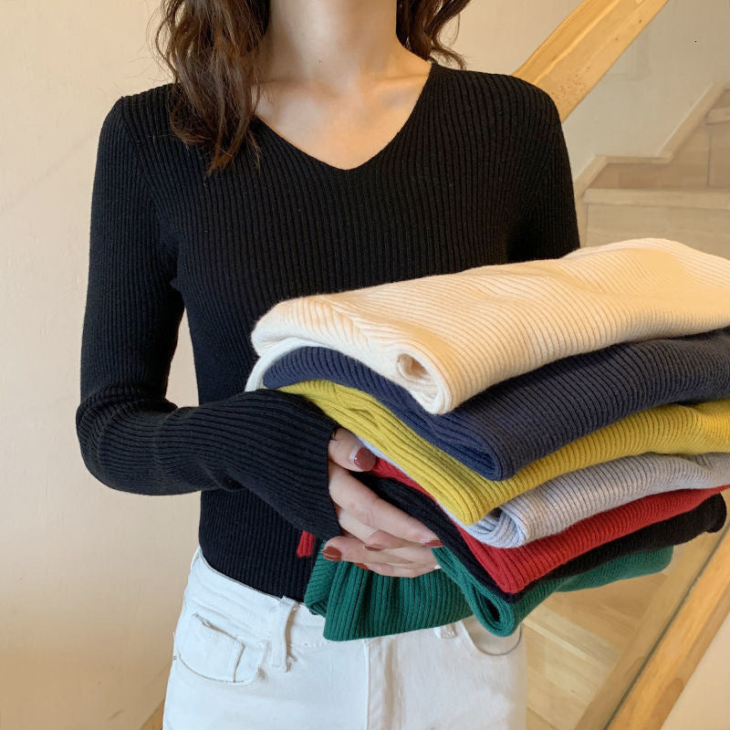 Women&#039;s Sweaters On Sale Winter Spring Women Casual Long Sleeve Knit V Neck Pullover Sweater Femme Basic Pull JerseyTops Fashion Blouses Clothe